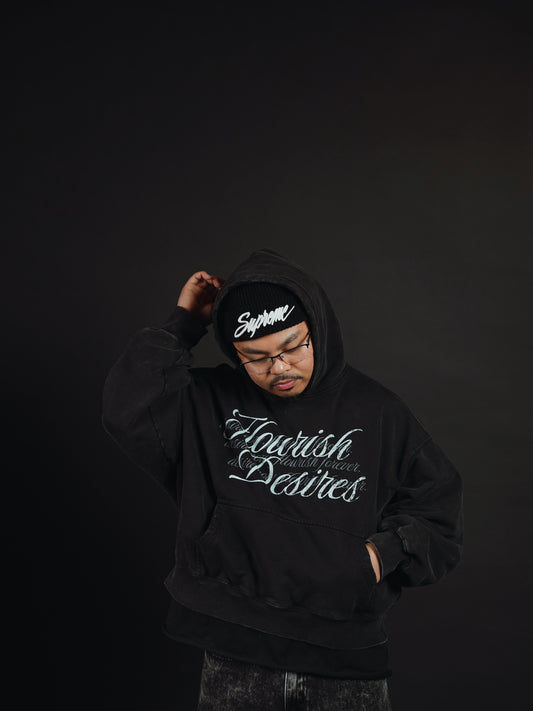 FLOURISH "FLOURISH DESIRES" BOXY HOODIE - ASH BLACK