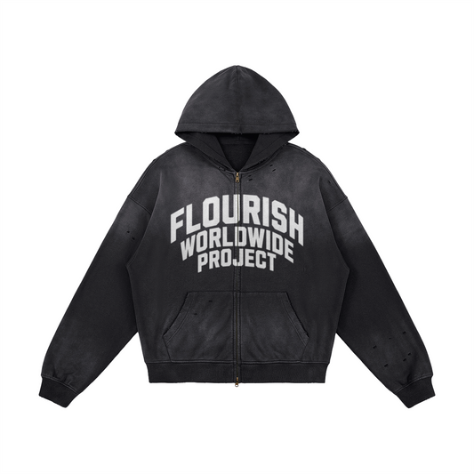 FLOURISH "WORLDWIDE PROJECT" ZIP HOODIE - WASHED BLACK